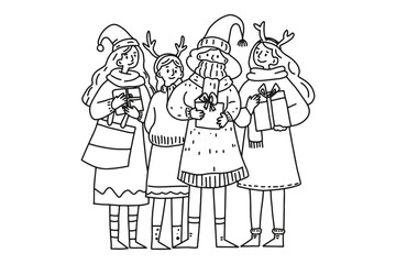 coloring page, ribbon, elf, claus, color, kid, drawn, retro, snowman, collection, book, fun, symbol, greeting, season, celebration, outline, december, graphic, hand, white, icon, background, character