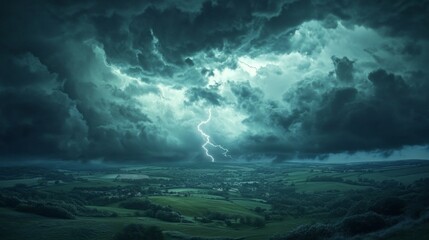 Dark clouds swirling over a rural landscape, with distant thunder and lightning generative ai