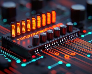 A vibrant close-up of a circuit board featuring glowing orange LED indicators and intricate circuitry in blue, showcasing technology and design.