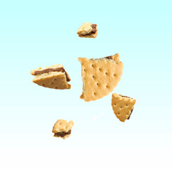 Tasty broken sandwich cookie in air on light blue gradient background