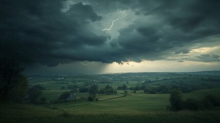 Fototapeta premium Dark clouds swirling over a rural landscape, with distant thunder and lightning generative ai