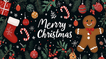 Christmas theme, gingerbread man, presents, holly leaves, festive stockings, candy canes, ornaments, Merry Christmas text.