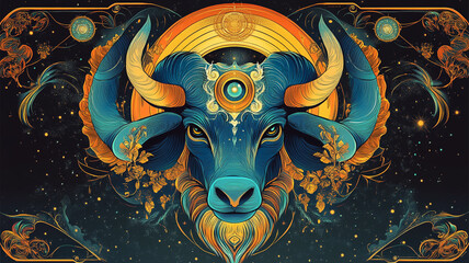 Vivid blue bull illustration with floral and cosmic designs on a dark backdrop