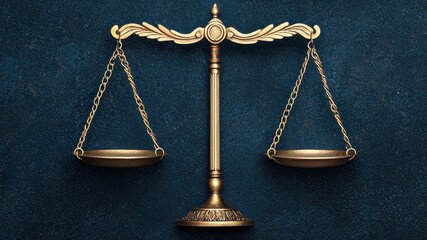 A polished golden balance scale against a deep blue background, symbolizing justice, fairness, and legal proceedings.