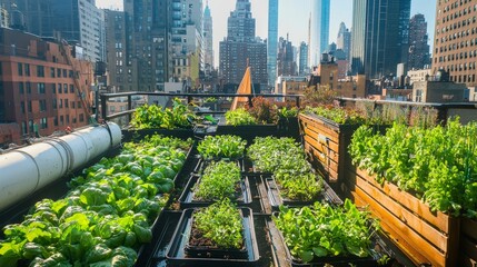 A panoramic view of a rooftop hydroponic garden, with fresh vegetables growing in water-based systems high above the city streets