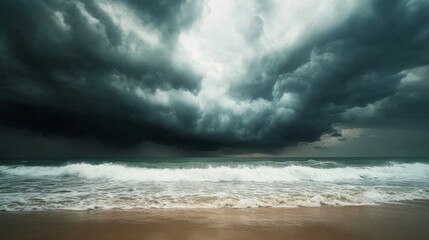 Obraz premium Dark storm clouds forming over a calm beach generative ai