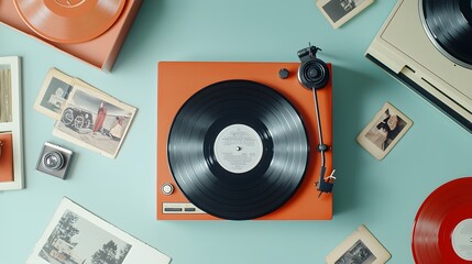 Vintage Vinyl Record Player Flat Lay Composition