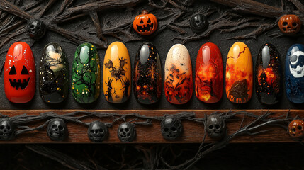 A showcase of different Halloween nail art designs displayed on a board, perfect for coloring in creative ways.