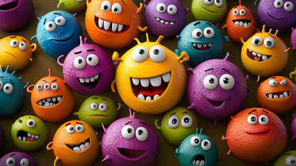 Colorful cartoon characters gathering and smiling joyfully together in a playful scene