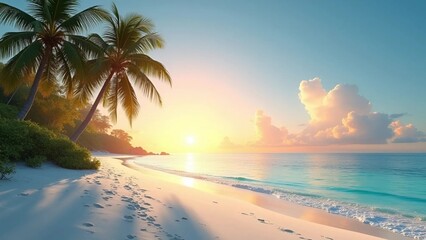 Sunset on white sand beach. 