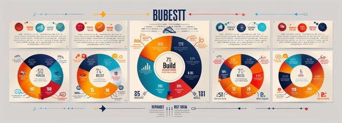 Vector Infographic Designs with Curved Pie Charts and Text Areas in Multiple Colors on Grey Background