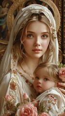 Madonna and Child in Rose Garden with Baroque Ornaments