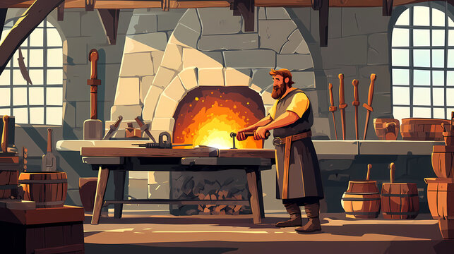 Blacksmith in medieval workshop with forge and weapons. Renaissance Artisan Workshop. Illustration