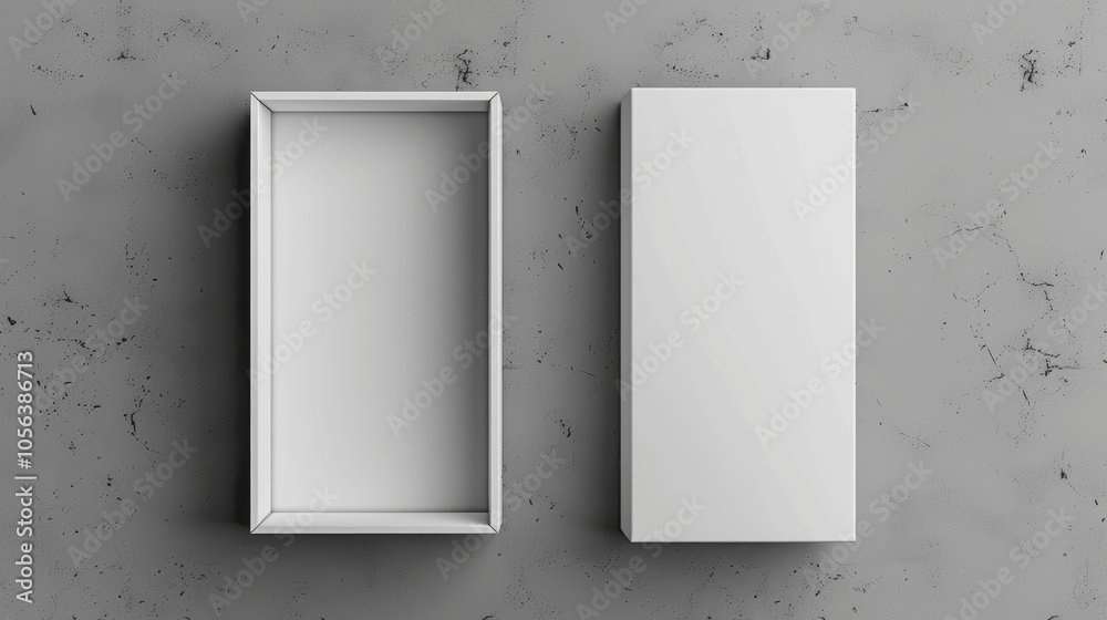 Poster white vertical rectangle box mockup with lid on gray background, blank open and closed packaging tem