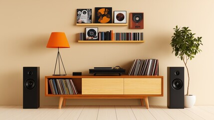 Retro Vinyl Record Setup with Speakers and Decor, Music Enthusiasts and Vintage Interior Design