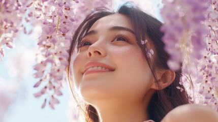 Fototapeta premium Joyful Japanese Woman Under Purple Blossoms