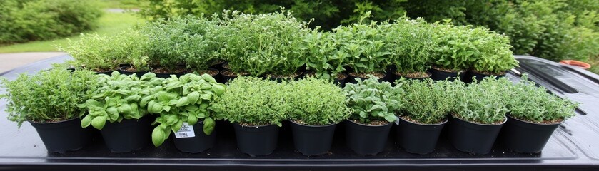 Fototapeta premium A collection of various herb plants in pots arranged on a surface.