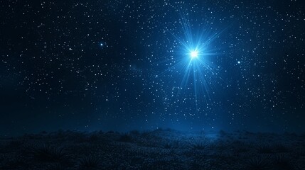 Radiant Christmas Star in Night Sky, Nativity of Jesus, Bright Starry Night, Dark Blue Background