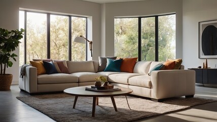 Fototapeta premium Cozy living room with a sectional sofa and natural light.