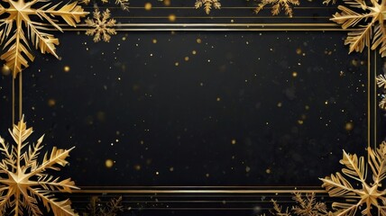 A black background with gold snowflakes and a gold frame