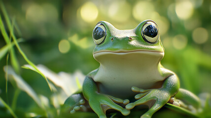 Naklejka premium A green frog sits peacefully among lush greenery during a sunny afternoon in nature