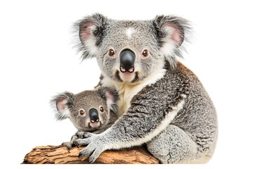 Naklejka premium Mother koala and her baby are sitting on a branch isolated on a white background