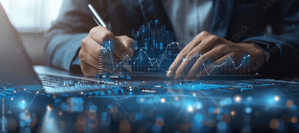 Poster businessman analyzing sales data and financial reports on digital screen growth graphs charts financ