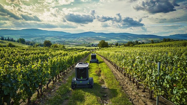A panoramic view of a smart vineyard with automated pruning and harvesting robots working among the grapevines