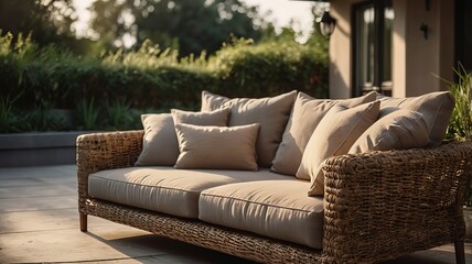 Cozy outdoor sofa with plush cushions in a serene garden setting.
