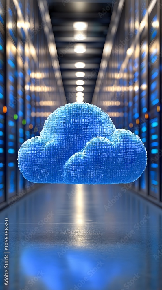 Aufkleber A 3D blue cloud rendering floating in the middle of a server room with a blurred background.