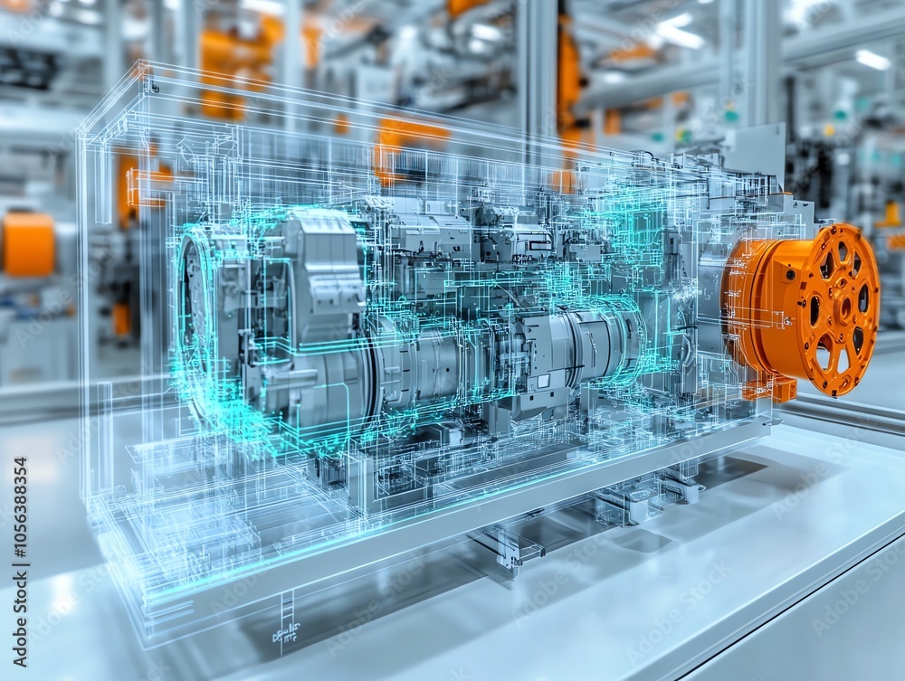 Leinwandbilder a 3d model of a machine with its internal workings and a robotic arm in the foreground, with the mac