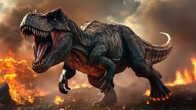 Tyrannosaurus Rex in a Fiery Landscape