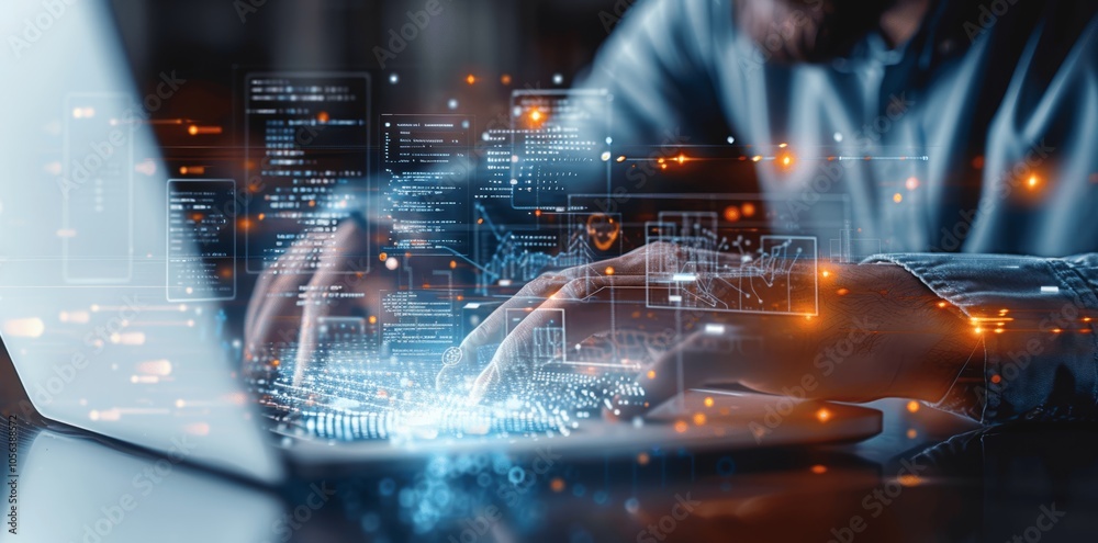 Poster Businessman Utilizing AI Technology for Data Analysis and Programming with Virtual Screen Hologram of Code in Office