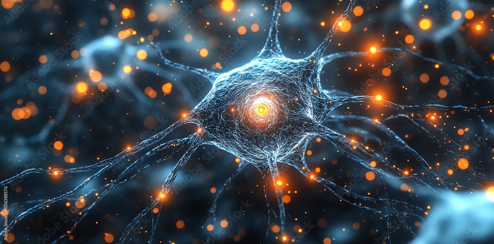 Poster A 3D rendering of a neuron cell with glowing axons and dendrites.