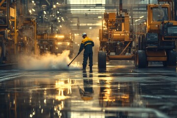 Obraz premium Industrial Worker Cleaning Factory Floor with Steam Cleaner