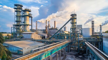 Obraz premium A panoramic view of a sugar refinery, with tall stacks and conveyor belts moving raw sugar for processing