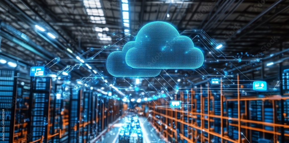 Poster a blue glowing cloud shaped like a cloud is shown in the middle of the image against a background of