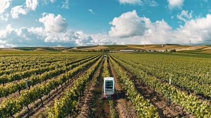 Naklejka premium A panoramic view of a smart vineyard with automated pruning and harvesting robots working among the grapevines