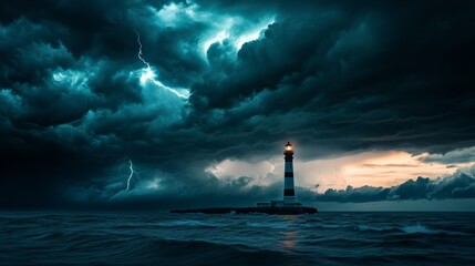 Obraz premium Dark and stormy sky over a lonely lighthouse, with lightning generative ai