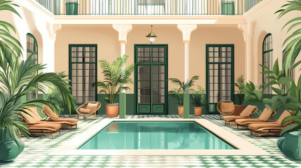 Elegant green courtyard with pool and sitting area. Moorish Courtyard. Illustration