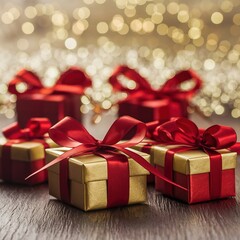 Obraz premium Elegant Christmas presents wrapped in luxurious red and gold paper sit on a dark table, highlighted by sparkling holiday bokeh lights.
