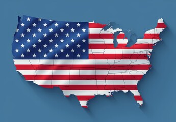 USA Map with Flag on Blue Background, White Outline, American Patriotism and Independence