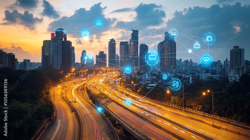 Aufkleber A busy cityscape at sunset with digital icons representing connectivity and a network of technology.