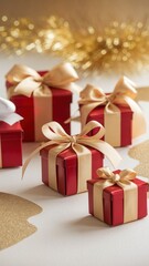 Vertical arrangement of luxurious red and gold holiday gift boxes with satin bows, perfect for festive Christmas and New Year promotions.