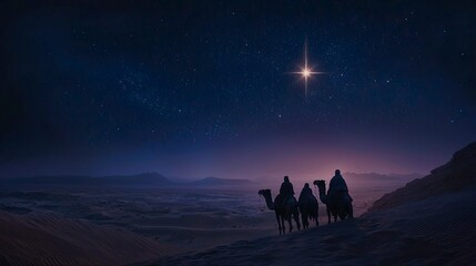 Fototapeta premium three wise man and three camels taking a break in the desert under an illuminated star, symbolizing divine presence during Christmas. ,generative ai