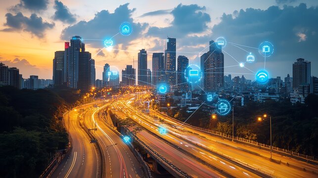 A busy cityscape at sunset with digital icons representing connectivity and a network of technology.