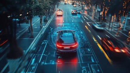 A car driving down a city street with a blue digital overlay.