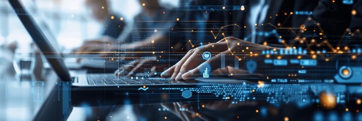 Business Team Using Digital Technology for Financial Data Analysis and E-commerce Growth with KPIs and Market Trends