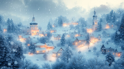 Fototapeta premium A serene winter wonderland featuring intricately designed snow-covered buildings, perfect for Christmas holiday banners and seasonal promotions.