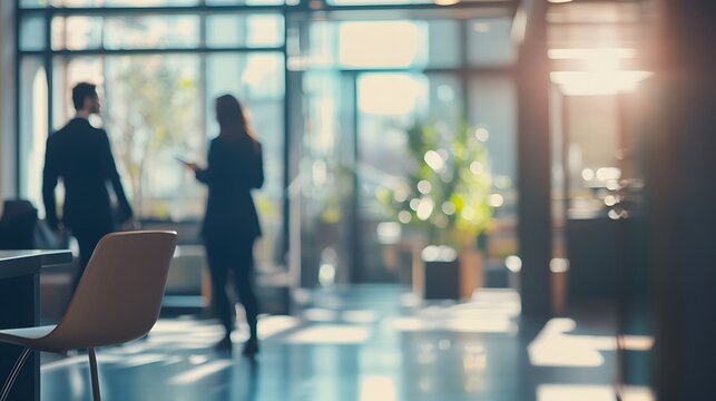 Blurred business people meeting in office interior with space for background or banner design. 